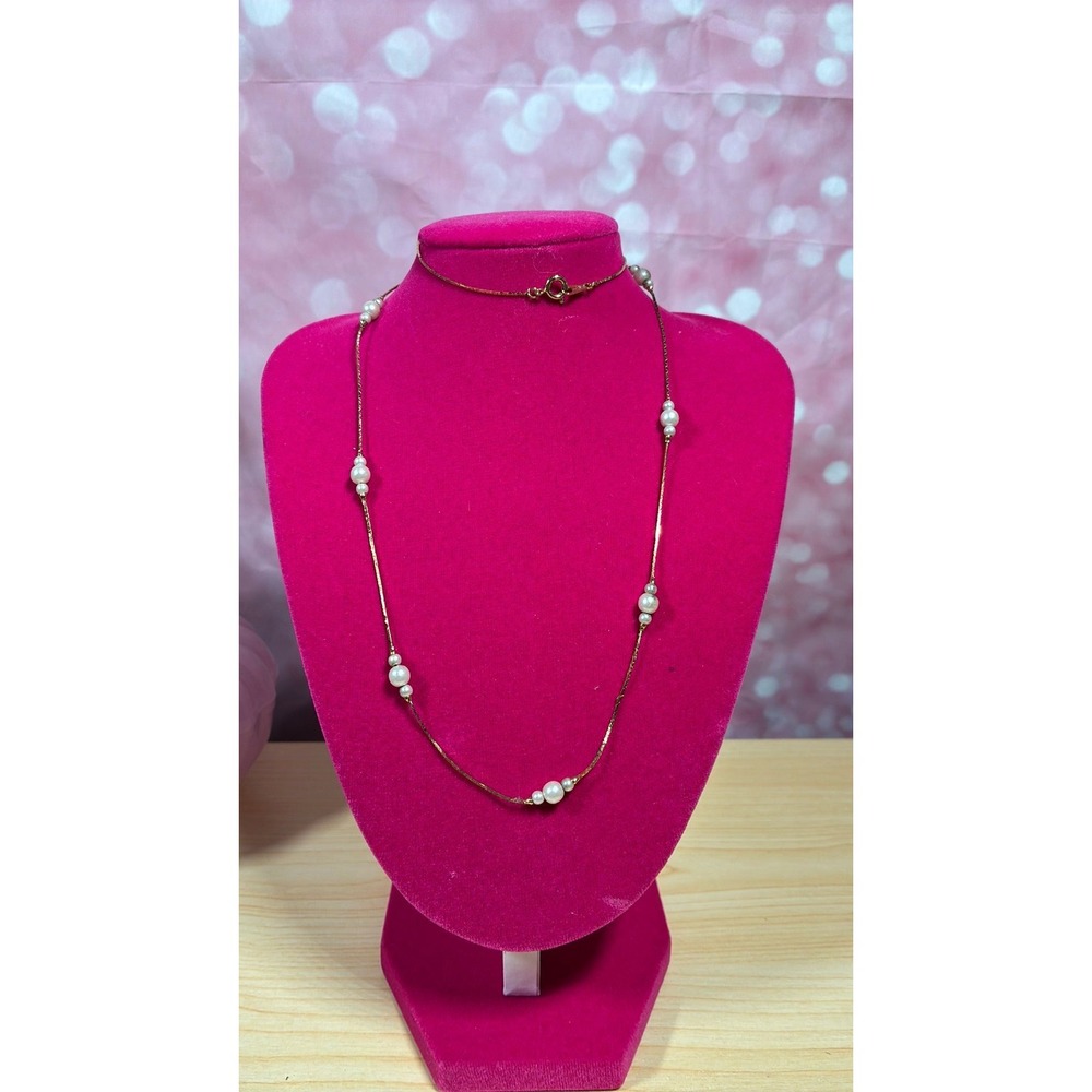 Avon Signed Gold Tone Chain Faux Pearl Cluster Station Tin Cup Layering Necklace